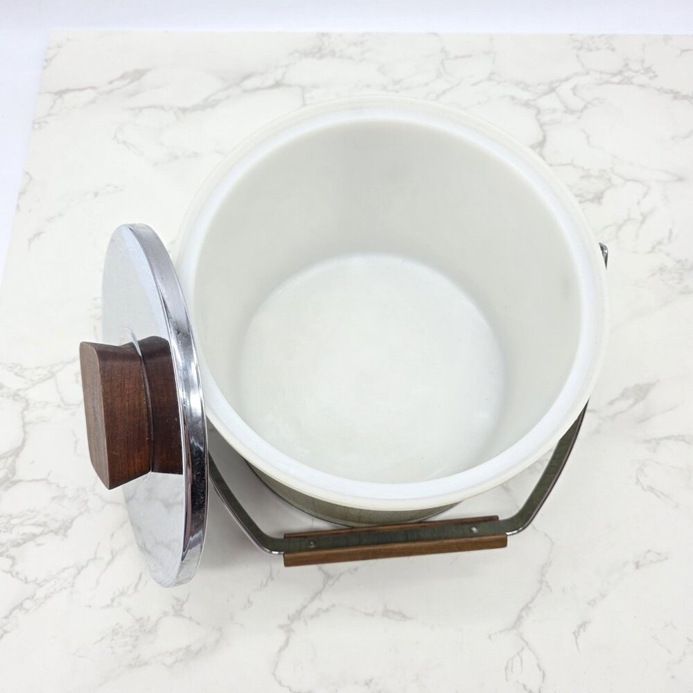 Vintage Kromex Ice Bucket Green Woodgrain Chrome Lid Mid Century Barware USA - Picture 5 of 11